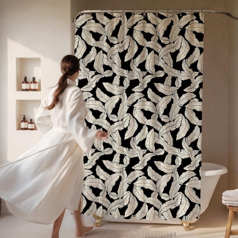 Worthwhile Goods Black and Cream Banana Leaf Shower Curtain – 72x72 Tropical Botanical Fabric Bathroom Curtain, Minimalist Monochrome Design, Modern Printed Decor for Apartments, Guest Baths, or Dorms - Image 2
